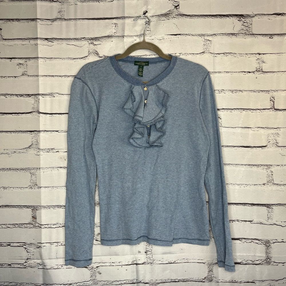 Lauren Ralph Lauren Light Blue Ruffle Long Sleeve Top 1/4 Button S Y2K Crew